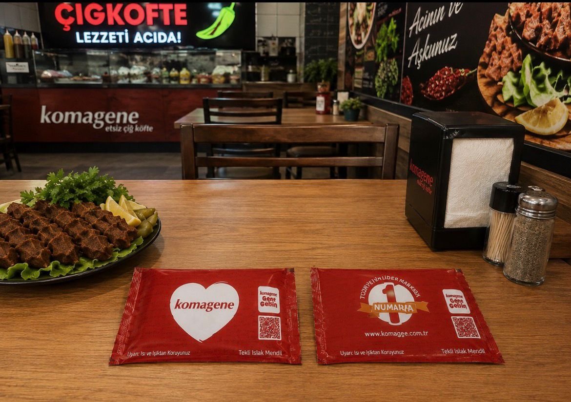 Restoran sunumunda kırmızı baskılı ıslak mendil uygulaması