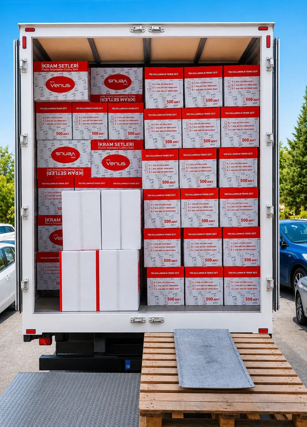 Paperco ikram setlerinin teslimat aracına yüklenmesi